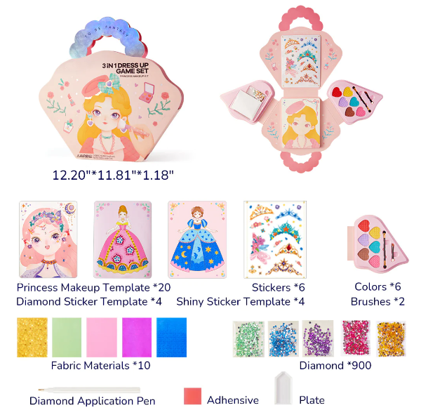 Fantasia 3-in-1 prinsessa pukeutumis- ja meikki peili setti