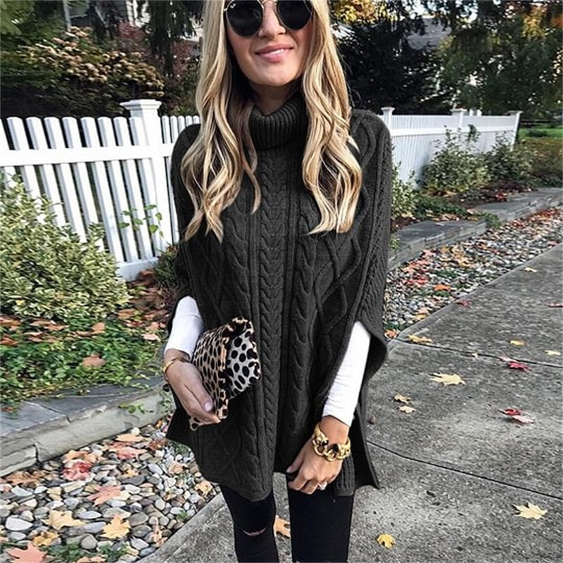 Naisten Turtleneck Poncho villapaita kaapelineulosella