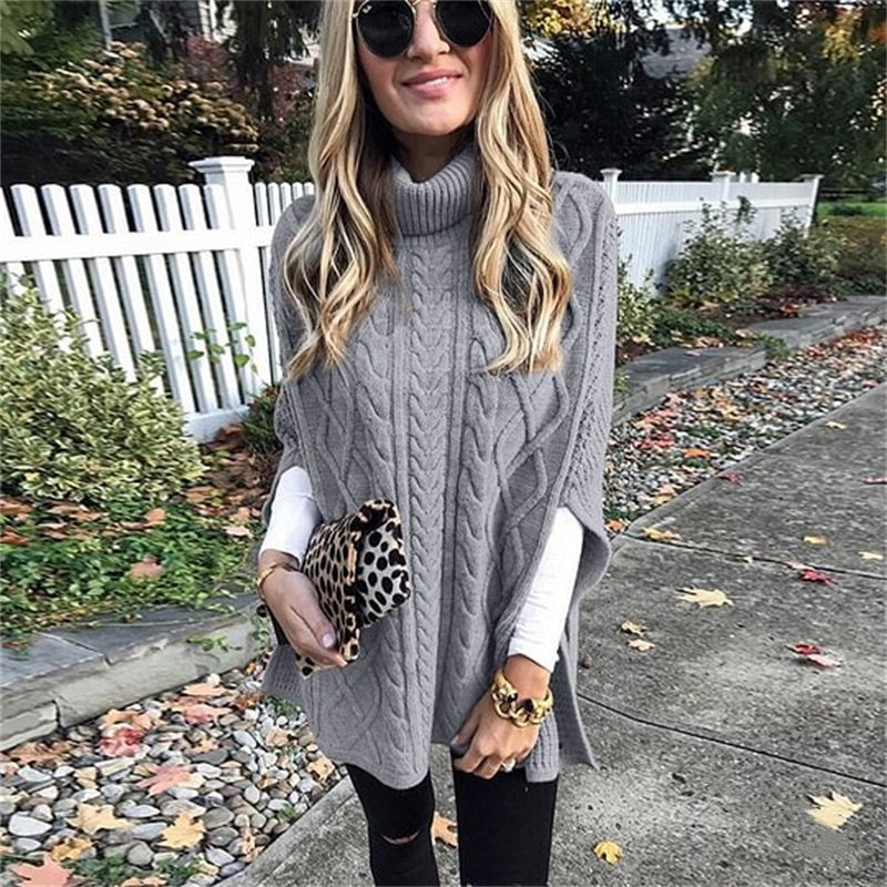 Naisten Turtleneck Poncho villapaita kaapelineulosella