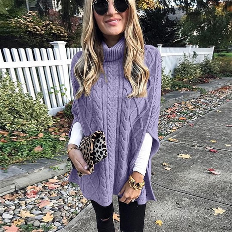 Naisten Turtleneck Poncho villapaita kaapelineulosella