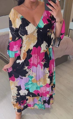 🔥💃Kukallinen Printti Rypytetty Helma Maxi Mekko