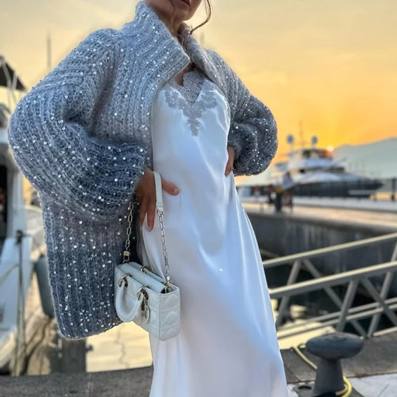 🎅Varhainen joulumyynti - 49% POIS🎄Neulottu neuletakki yksivärisillä paljeteilla varustettuna