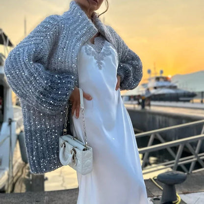 🎅Varhainen joulumyynti - 49% POIS🎄Neulottu neuletakki yksivärisillä paljeteilla varustettuna