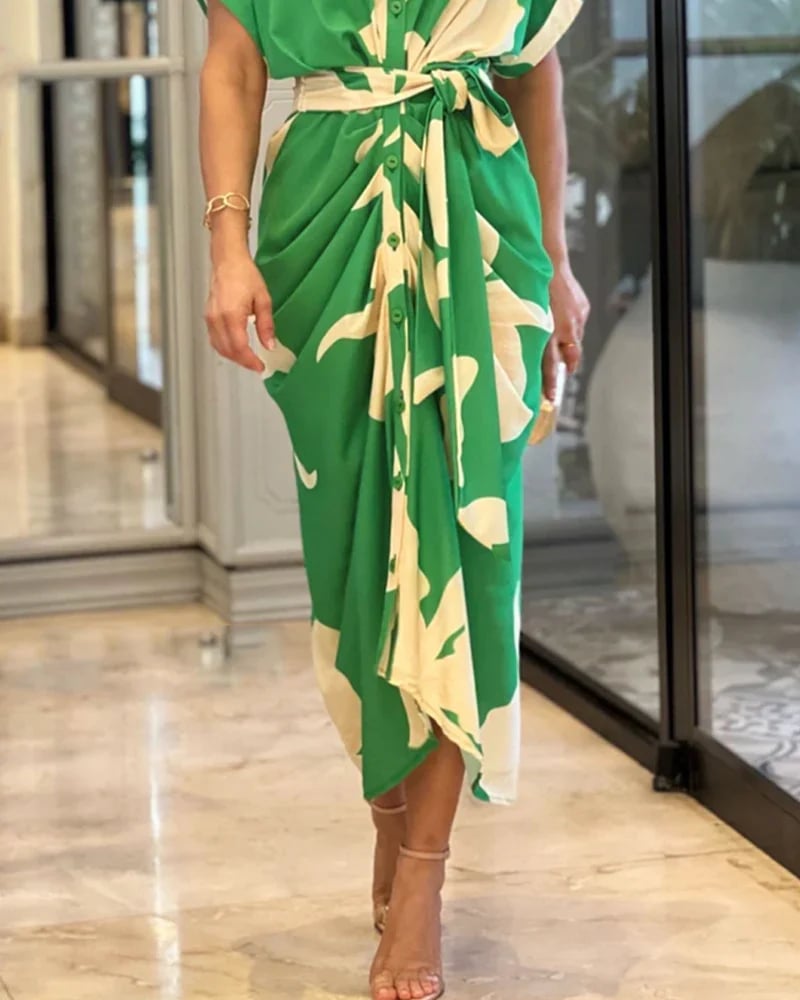 Rento käänne kaula-aukko vyötärö tulosta paita mekko