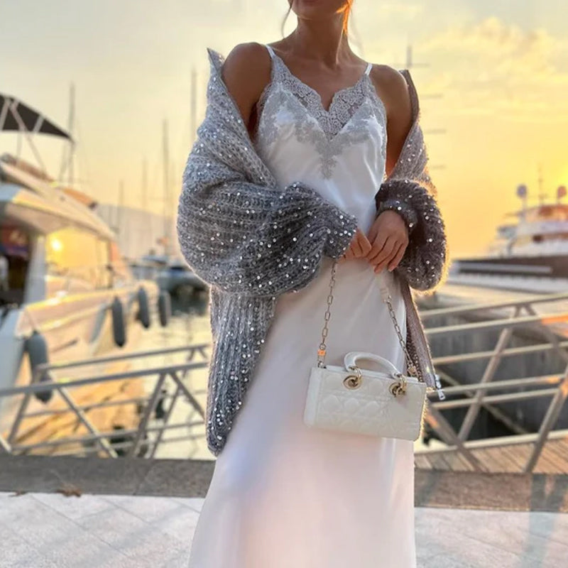 🎅Varhainen joulumyynti - 49% POIS🎄Neulottu neuletakki yksivärisillä paljeteilla varustettuna