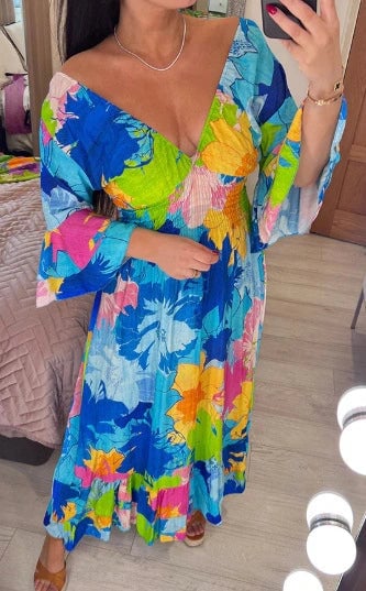 🔥💃Kukallinen Printti Rypytetty Helma Maxi Mekko