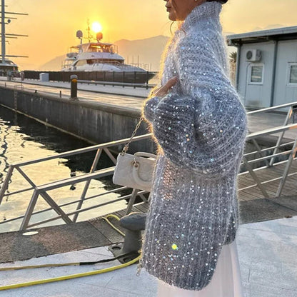 🎅Varhainen joulumyynti - 49% POIS🎄Neulottu neuletakki yksivärisillä paljeteilla varustettuna