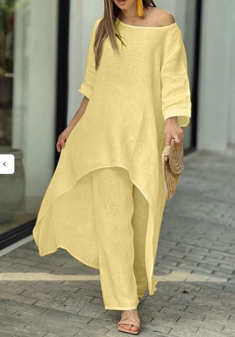 💟Naisten väljä puuvilla- ja pellavapuku kevätkesäpuku