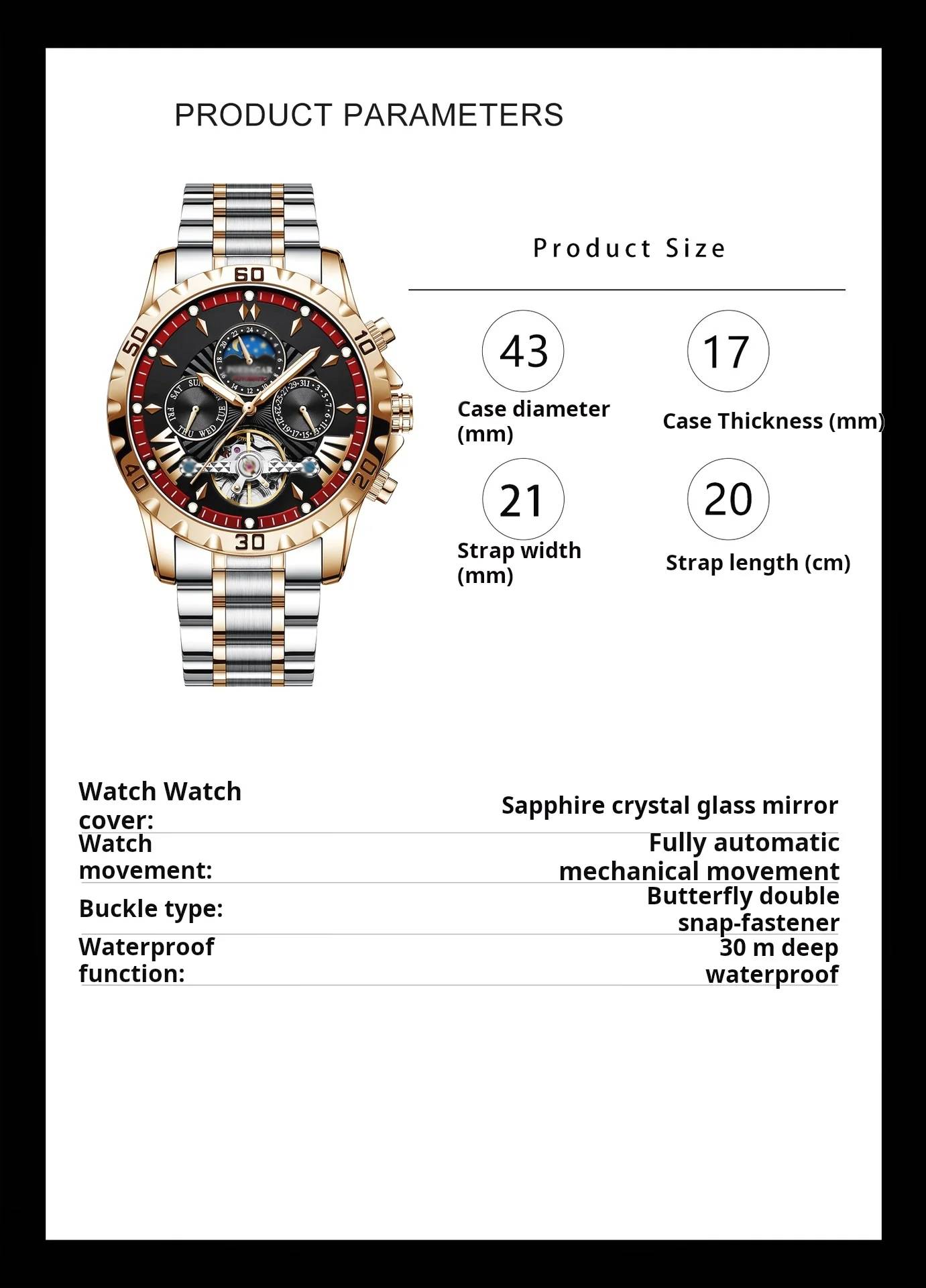 Vedenpitävä automaattinen mekaaninen rannekello