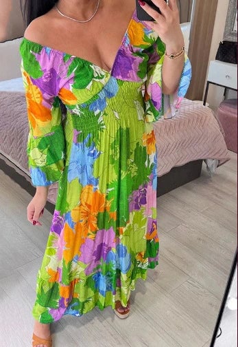 🔥💃Kukallinen Printti Rypytetty Helma Maxi Mekko