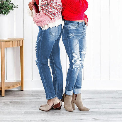 🔥Kuuma myynti 49% pois🔥Naisten Tummy Control Distressed Cuffed Boyfriend farkut