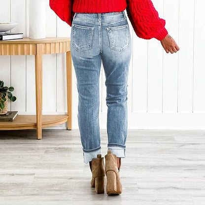 🔥Kuuma myynti 49% pois🔥Naisten Tummy Control Distressed Cuffed Boyfriend farkut