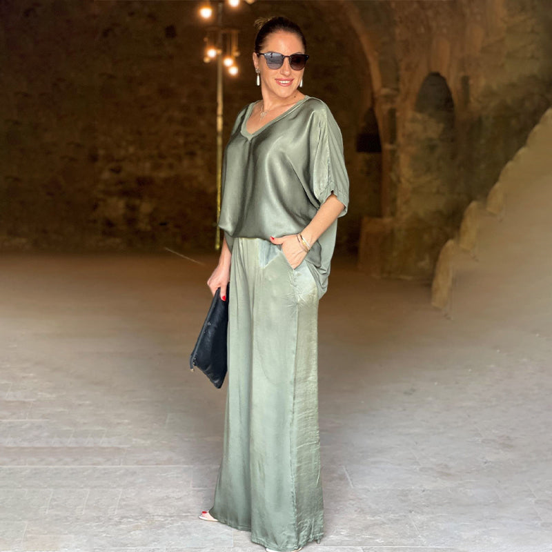 V-pääntie plus size tyylikäs kiiltävä kaksiosainen setti