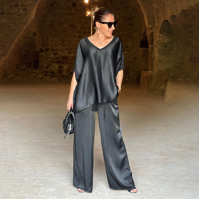 V-pääntie plus size tyylikäs kiiltävä kaksiosainen setti