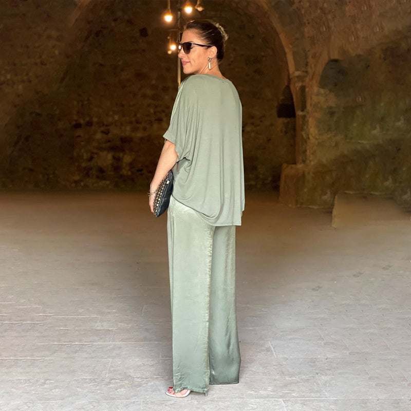 V-pääntie plus size tyylikäs kiiltävä kaksiosainen setti