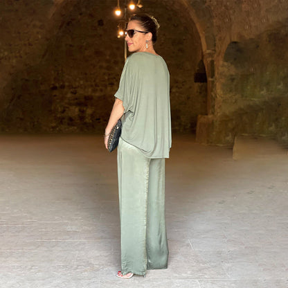 V-pääntie plus size tyylikäs kiiltävä kaksiosainen setti