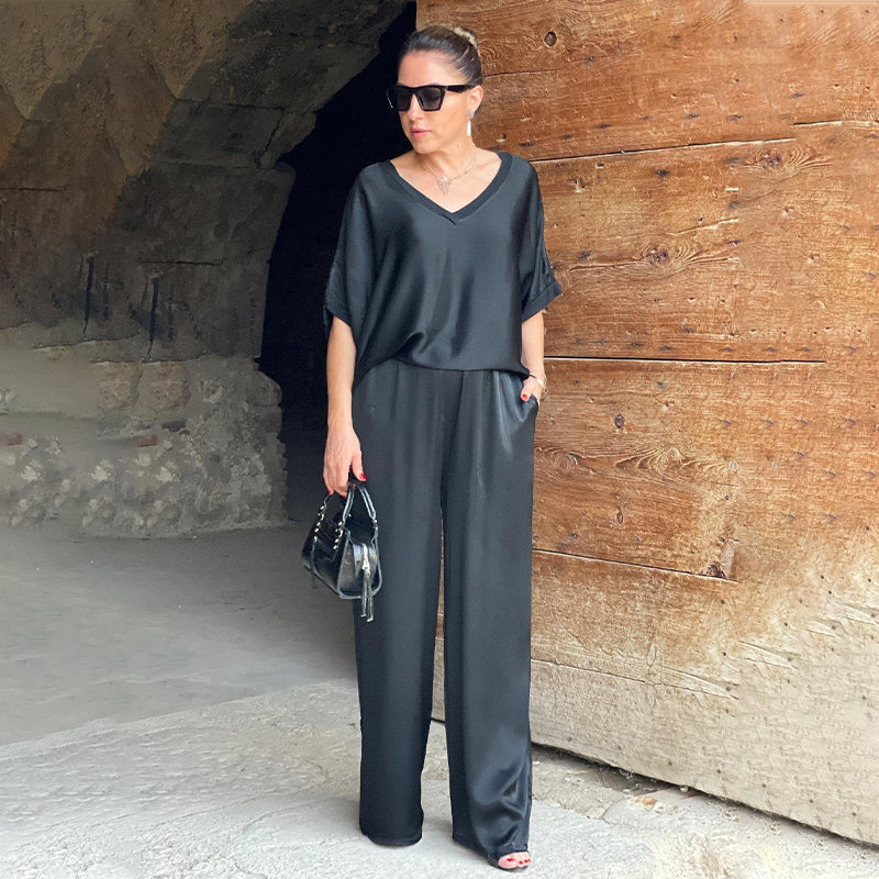 V-pääntie plus size tyylikäs kiiltävä kaksiosainen setti