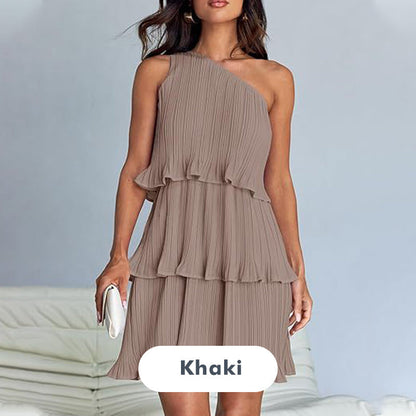 Naisten yksi olkapää röyhelö porrastettu kerroksellinen virtaava linja mekko