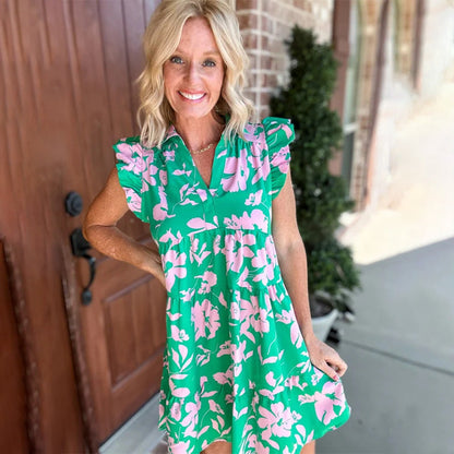 Röyhelöhihainen V-kaulainen Kukkakuvioitu