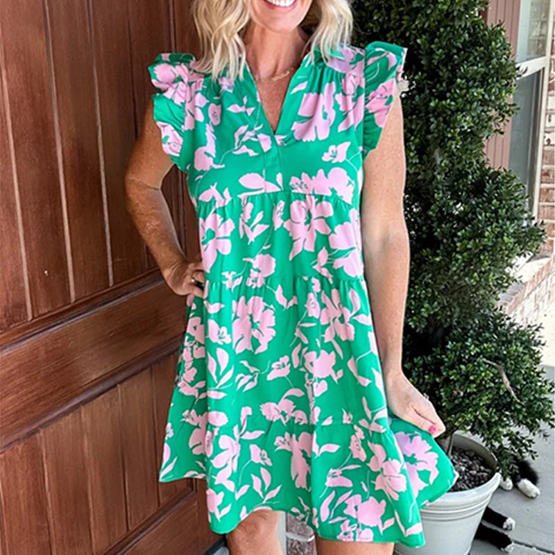 Röyhelöhihainen V-kaulainen Kukkakuvioitu