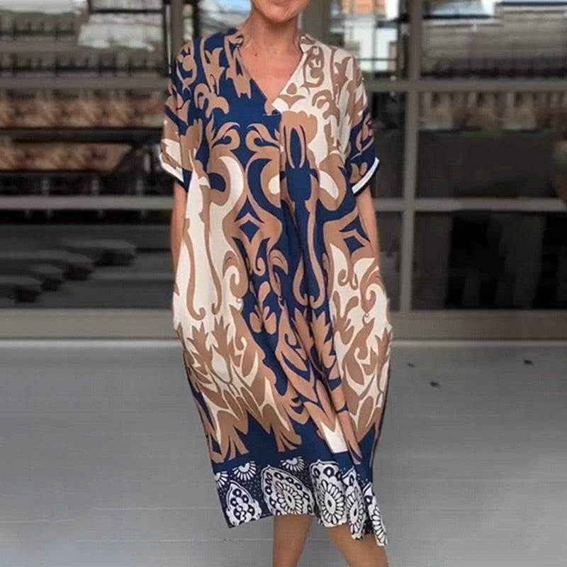 Painettu V-kaula-aukkoinen löysä midi-mekko