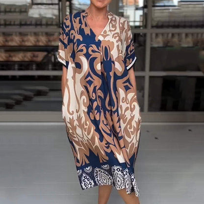 Painettu V-kaula-aukkoinen löysä midi-mekko