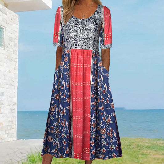 Naisten tyylikäs boheemi kuvioitu mekko
