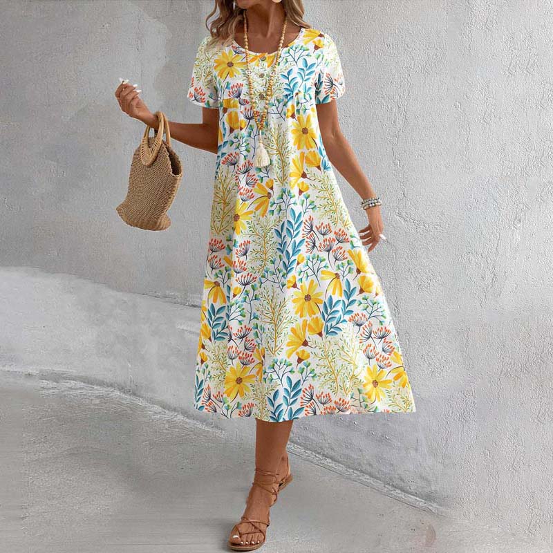 Naisten värikäs makea kukkainen pyöreä kaula-aukkoinen mekko