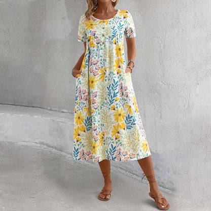 Naisten värikäs makea kukkainen pyöreä kaula-aukkoinen mekko