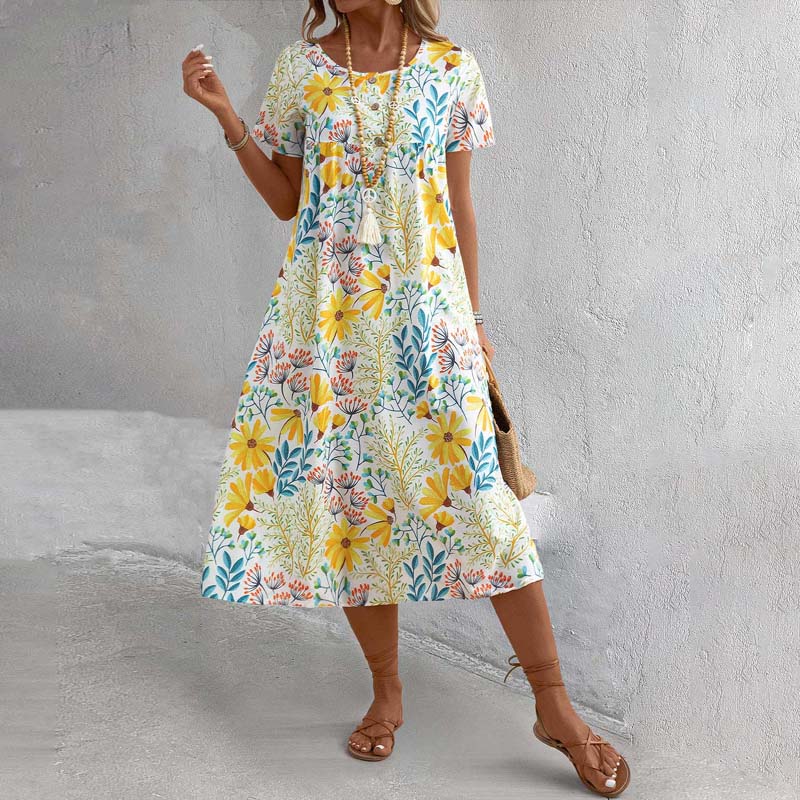 Naisten värikäs makea kukkainen pyöreä kaula-aukkoinen mekko