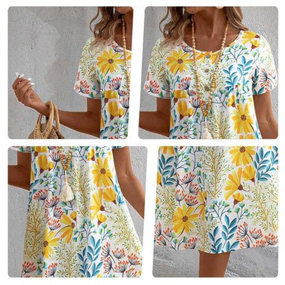 Naisten värikäs makea kukkainen pyöreä kaula-aukkoinen mekko