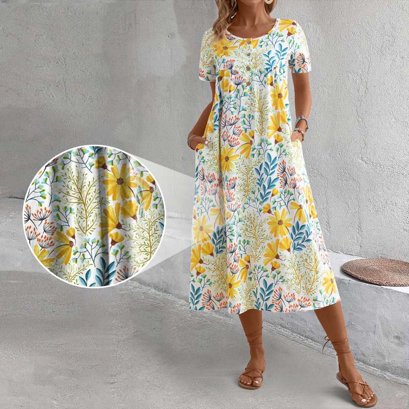 Naisten värikäs makea kukkainen pyöreä kaula-aukkoinen mekko