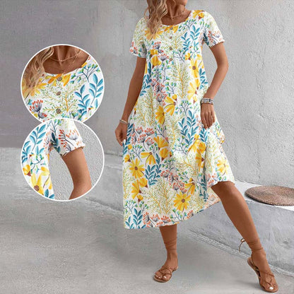 Naisten värikäs makea kukkainen pyöreä kaula-aukkoinen mekko