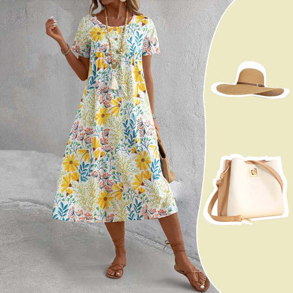 Naisten värikäs makea kukkainen pyöreä kaula-aukkoinen mekko