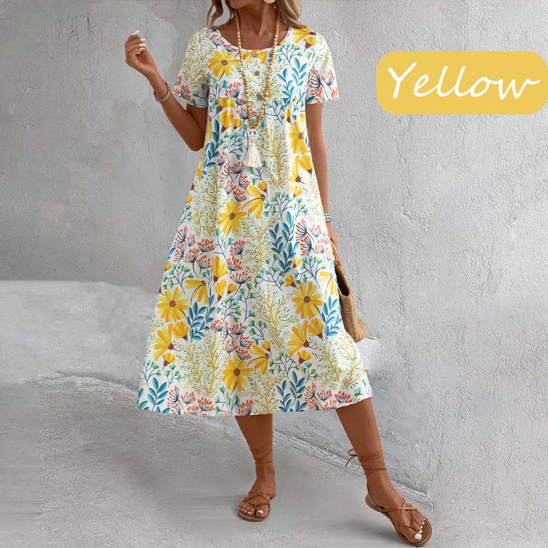Naisten värikäs makea kukkainen pyöreä kaula-aukkoinen mekko