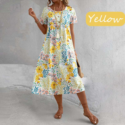 Naisten värikäs makea kukkainen pyöreä kaula-aukkoinen mekko