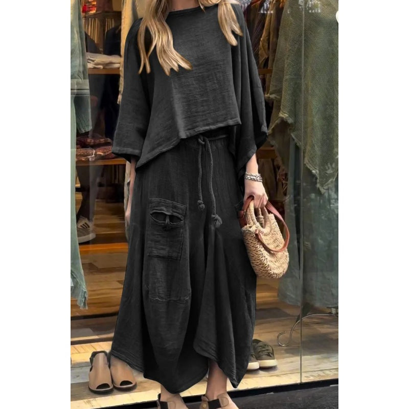 Naisten rento pyöreäkauluksinen paita ja löysä pitkä hame kaksiosainen puku