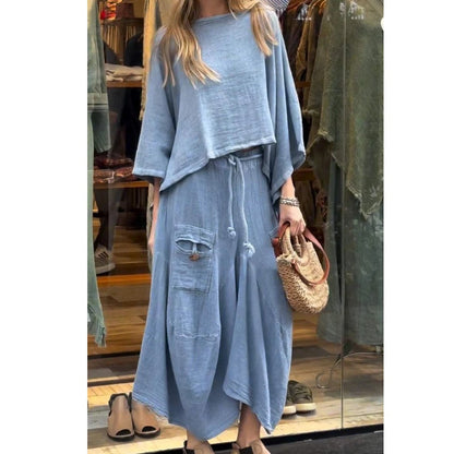 Naisten rento pyöreäkauluksinen paita ja löysä pitkä hame kaksiosainen puku
