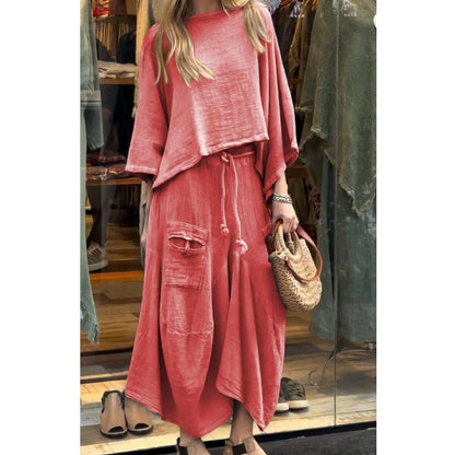 Naisten rento pyöreäkauluksinen paita ja löysä pitkä hame kaksiosainen puku