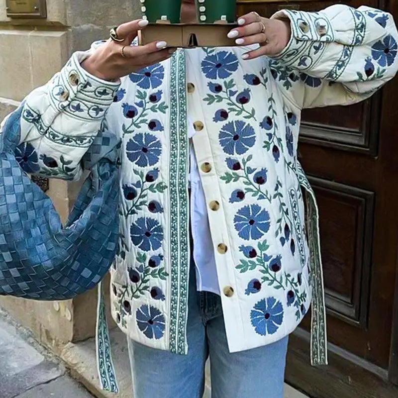 Sininen pyöreäkauluksinen painettu puuvillatakki vyöllä naisille