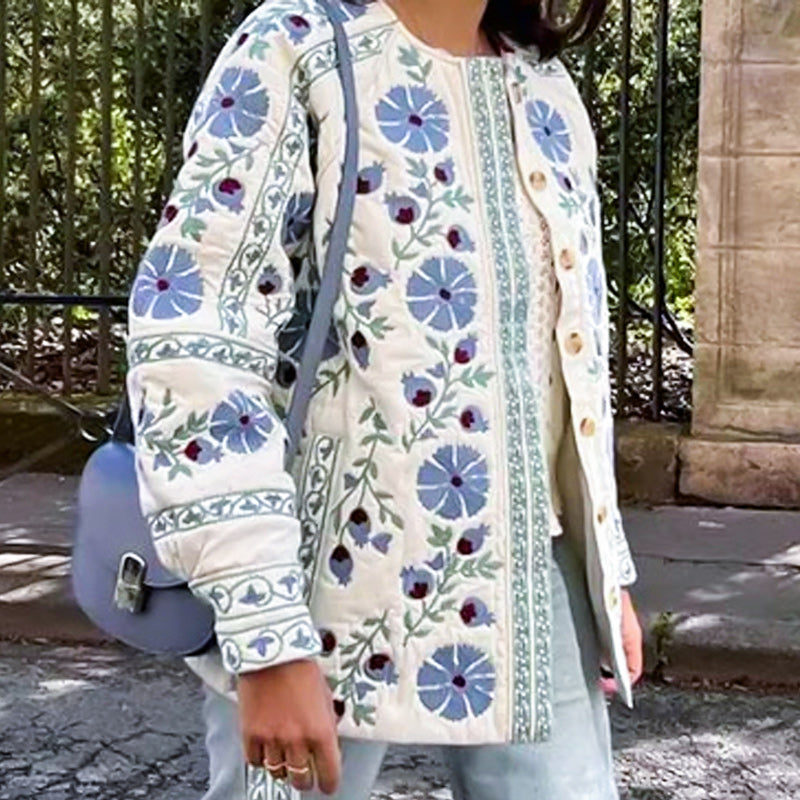 Sininen pyöreäkauluksinen painettu puuvillatakki vyöllä naisille