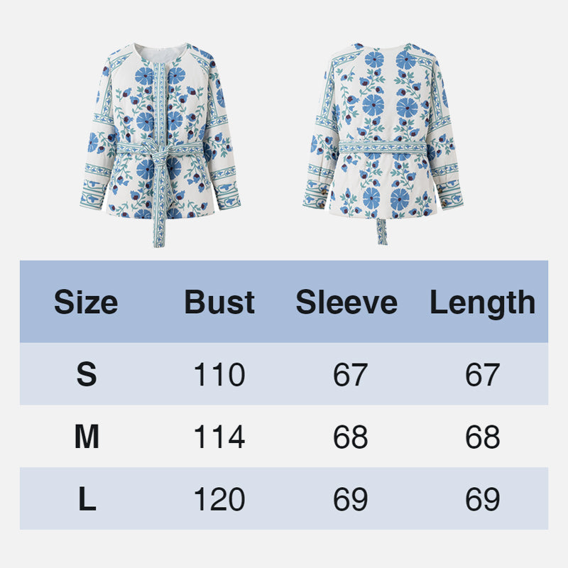 Sininen pyöreäkauluksinen painettu puuvillatakki vyöllä naisille