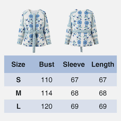 Sininen pyöreäkauluksinen painettu puuvillatakki vyöllä naisille