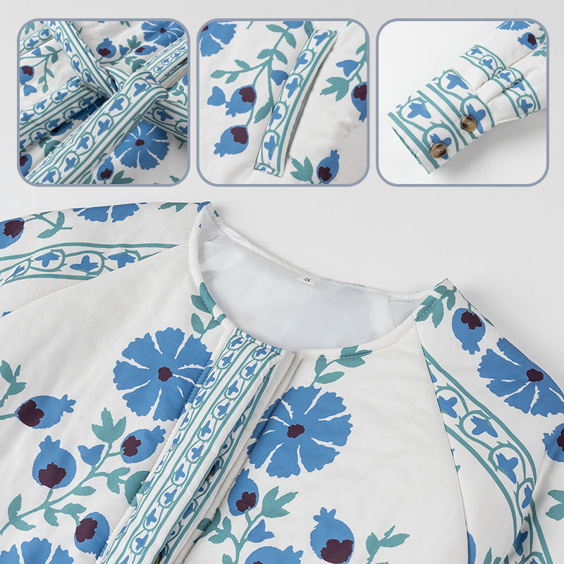 Sininen pyöreäkauluksinen painettu puuvillatakki vyöllä naisille