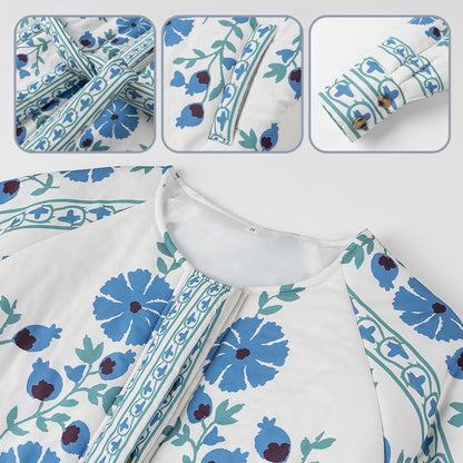 Sininen pyöreäkauluksinen painettu puuvillatakki vyöllä naisille