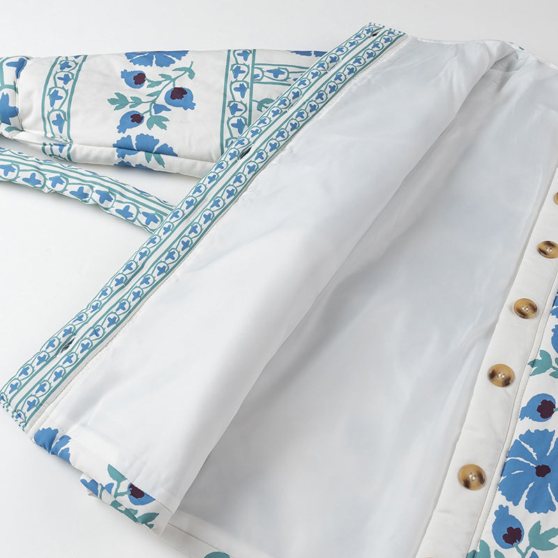 Sininen pyöreäkauluksinen painettu puuvillatakki vyöllä naisille