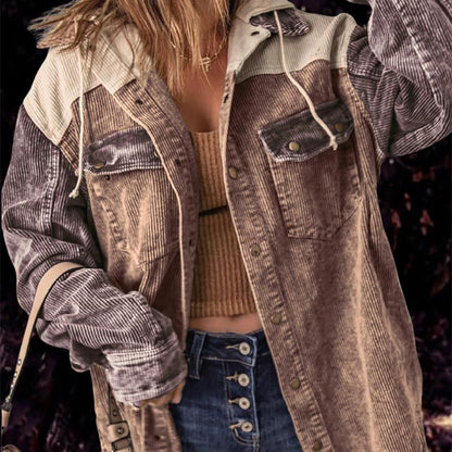 💟Naisten rento corduroy-hupparitakki värilohkoilla