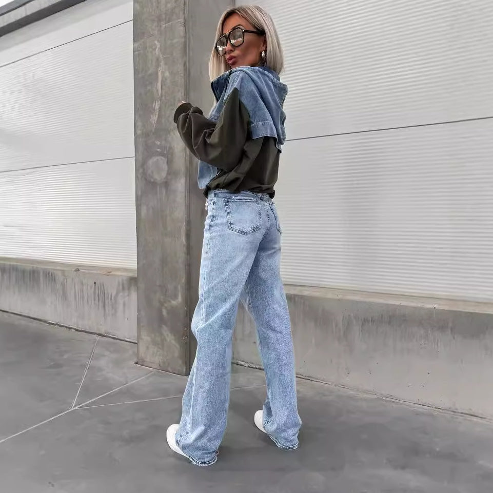 Naisten kerroksellinen huppari-farkkutakki, jossa on nyöri