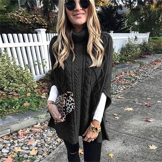 Naisten Turtleneck Poncho villapaita kaapelineulosella