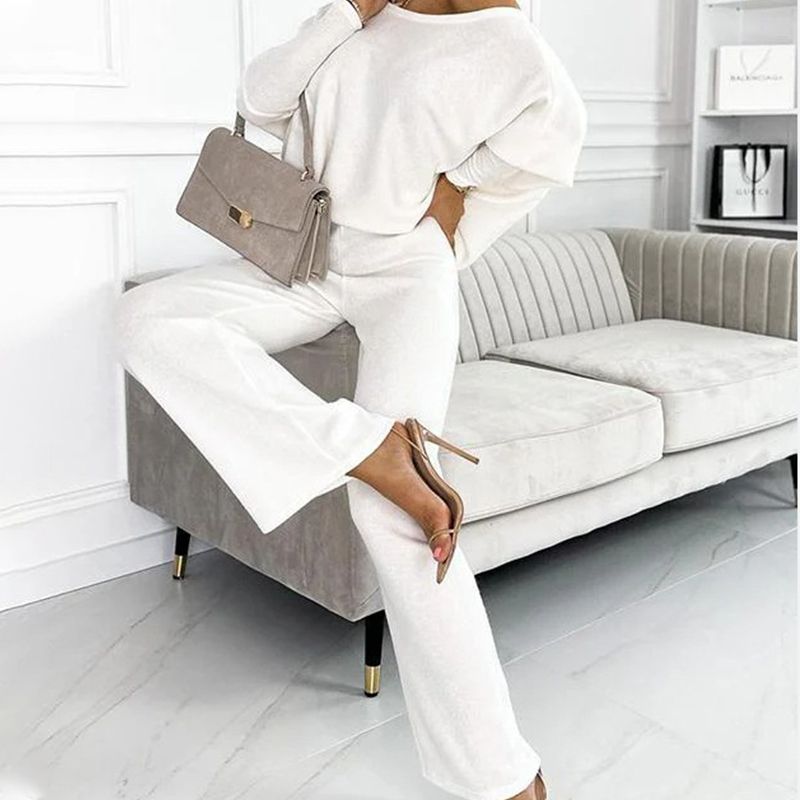 💟Naisten Yksivärinen Pudotettu Olkapää Pusero ja Väljät Housut -Setti